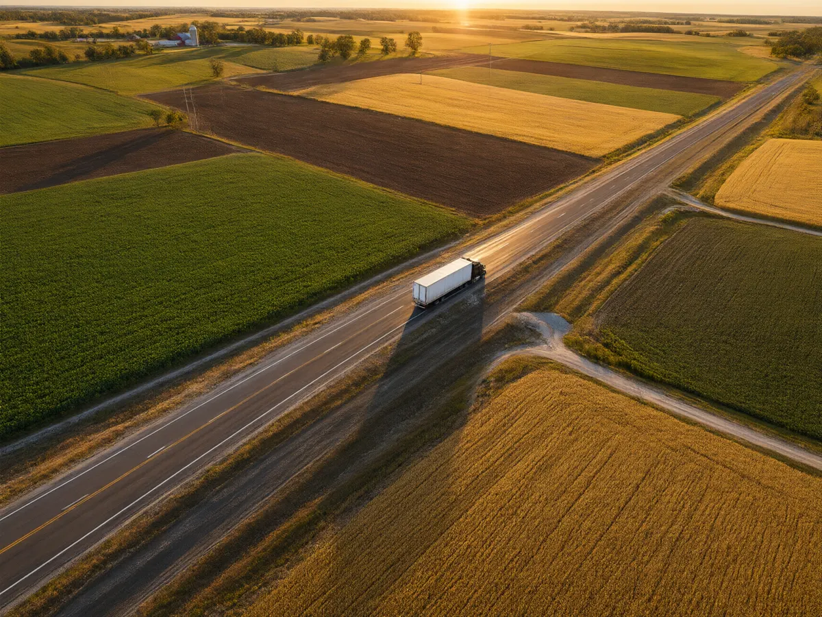 Aerial view of a semi truck on a highway through Midwest farmland at golden hour