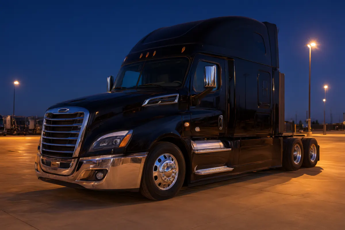 Black Freightliner Cascadia sleeper tractor parked at dusk