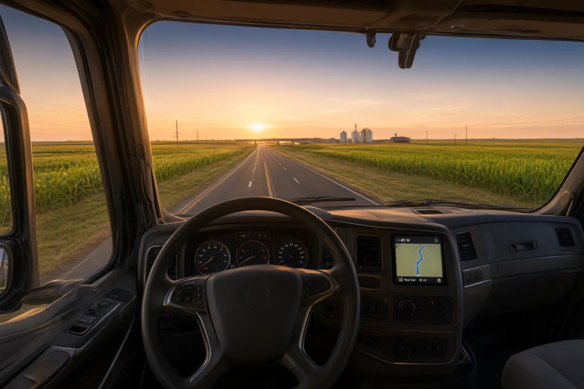 View from a semi truck driver's seat onto an open highway through farmland at sunset